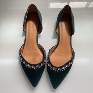 Green satin jeweled J. Crew flats